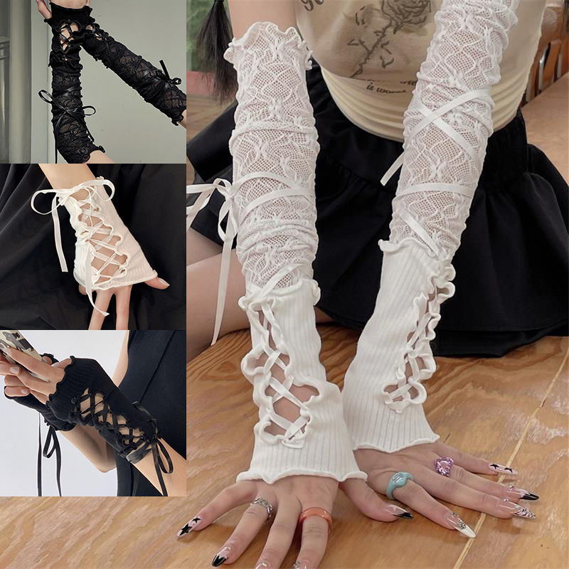 Women Lace‑Up Fingerless Arm S - Fingerless Glove Knit のレビューと価格