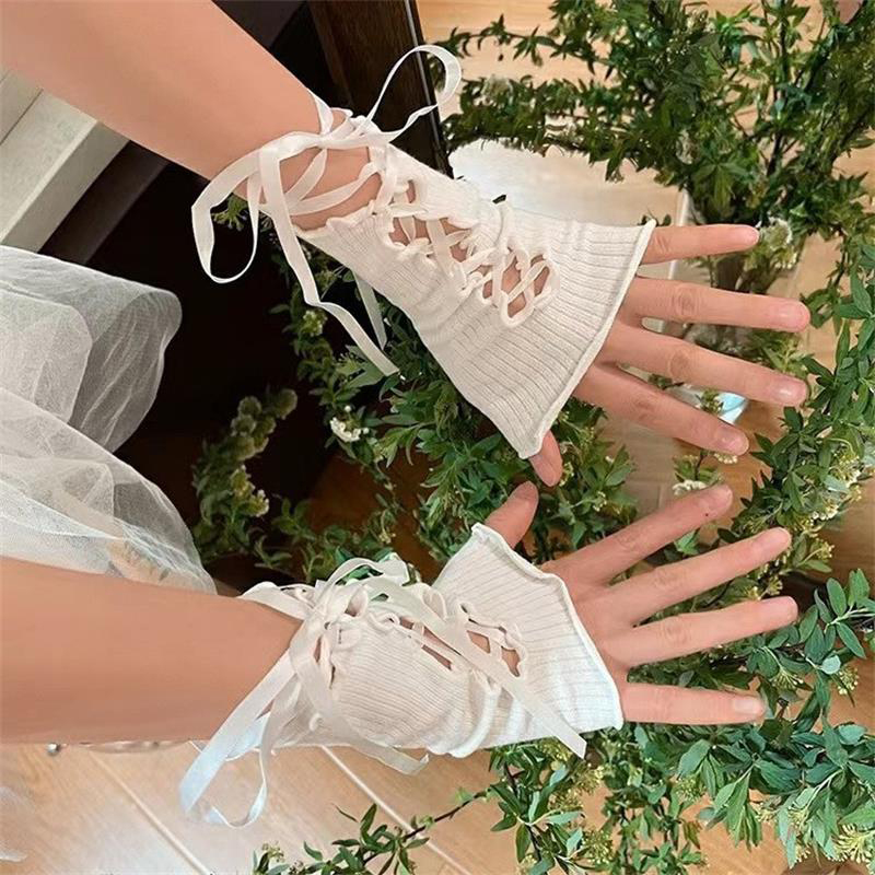 Women Lace‑Up Fingerless Arm S - Fingerless Glove Knit のレビューと価格